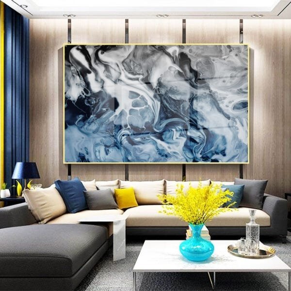 Quadro Decorativo Abstrato Blue And Silver Com Moldura Dourad