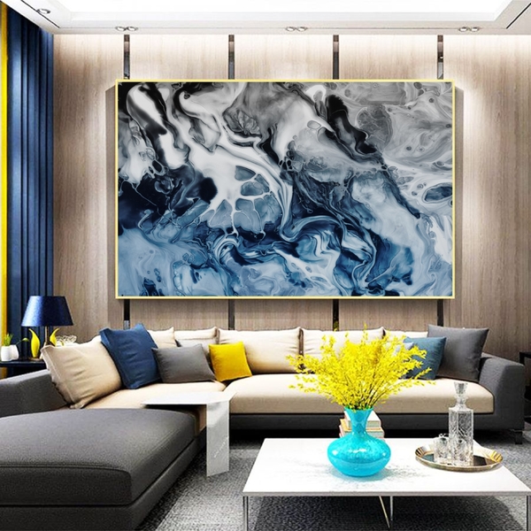 Quadro Decorativo Abstrato Blue And Silver Com Moldura Dourad