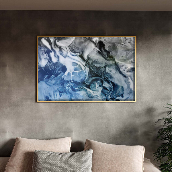 Quadro Decorativo Abstrato Blue And Silver Com Moldura E Vidr