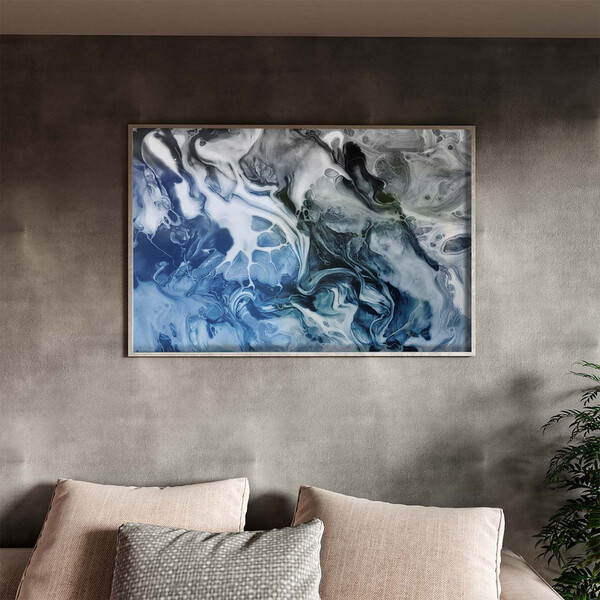Quadro Decorativo Abstrato Blue And Silver Com Moldura E Vidr