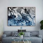 Quadro Decorativo Abstrato Blue And Silver Com Moldura Marrom