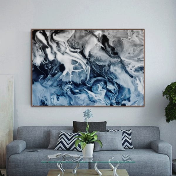 Quadro Decorativo Abstrato Blue And Silver Com Moldura Marrom