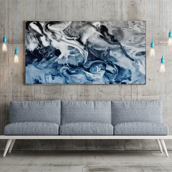 Quadro Decorativo Abstrato Blue And Silver Com Moldura Prata
