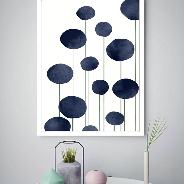 Quadro Decorativo Abstrato Círculos Azuis  - 70x50cm Moldura