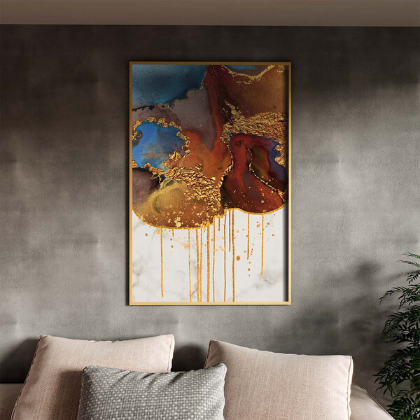 Quadro Decorativo Abstrato Elemento Terra Com Moldura Dourada