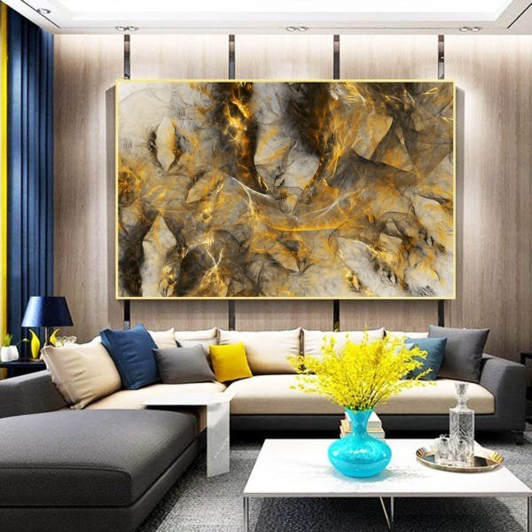 Quadro Decorativo Abstrato Eletric Discharge Com Moldura Dour