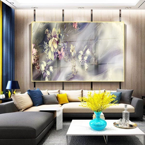 Quadro Decorativo Abstrato Flores Ao Vento Com Moldura Dourad