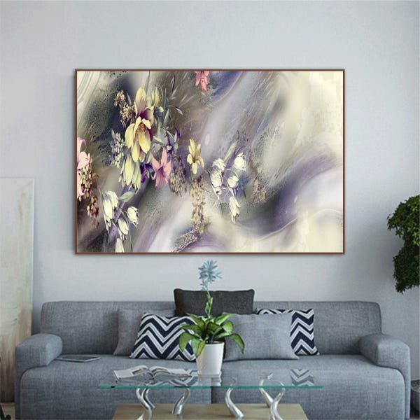Quadro Decorativo Abstrato Flores Ao Vento Com Moldura Marrom