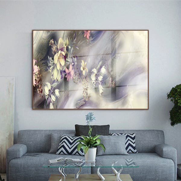 Quadro Decorativo Abstrato Flores Ao Vento Com Moldura Marrom