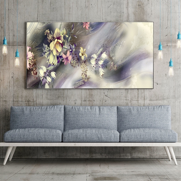 Quadro Decorativo Abstrato Flores Ao Vento Com Moldura Prata