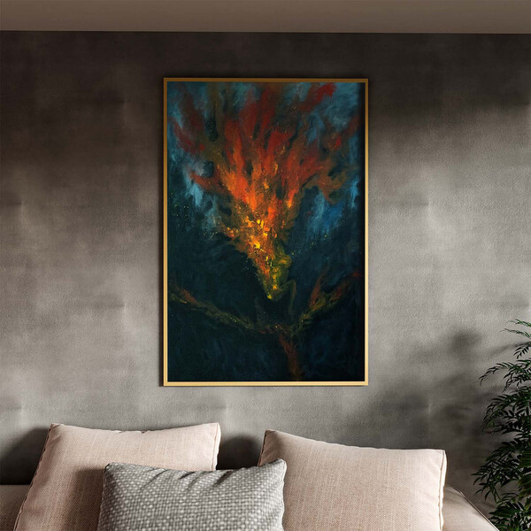 Quadro Decorativo Abstrato Fogo Vermelho Com Moldura Dourada