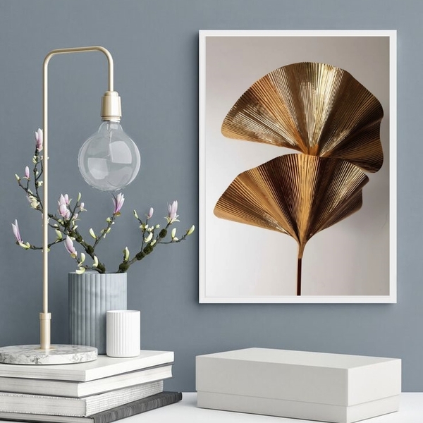 Quadro Decorativo Abstrato Folha Leque Bronze 33x24cm Moldura