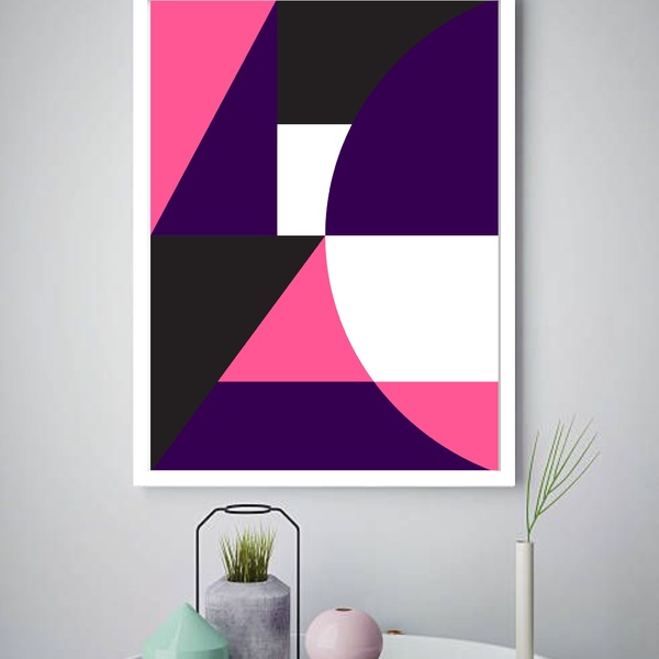 Quadro Decorativo Abstrato Geométrico Rosa Roxo  - 70x50cm Mo