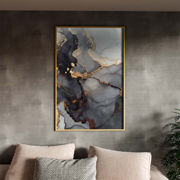 Quadro Decorativo Abstrato Gray Smoke Com Moldura Dourada - 1