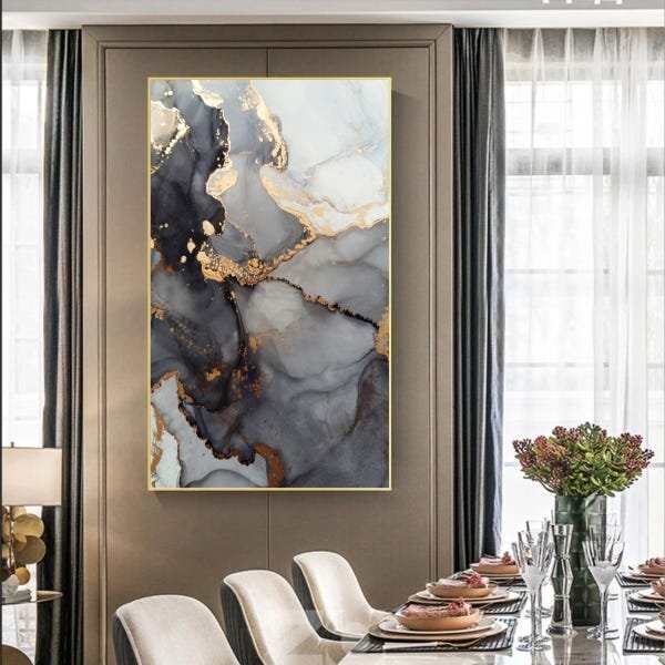 Quadro Decorativo Abstrato Gray Smoke Com Moldura Dourada 200