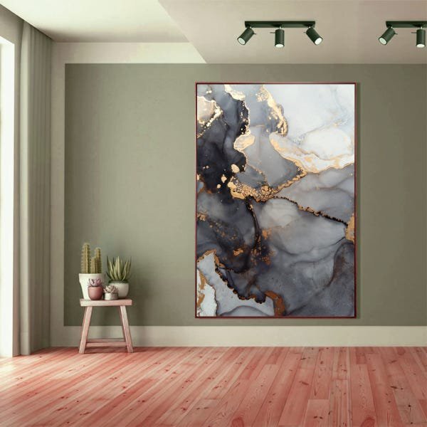 Quadro Decorativo Abstrato Gray Smoke Com Moldura Marrom 120x