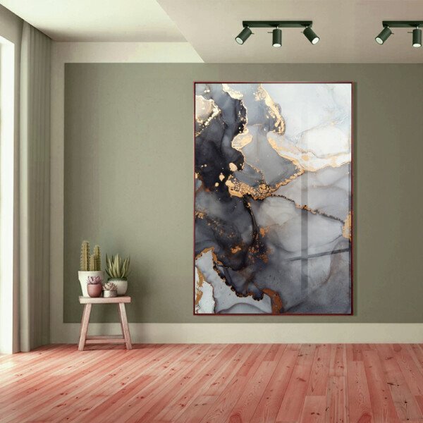 Quadro Decorativo Abstrato Gray Smoke Com Moldura Marrom E Vi