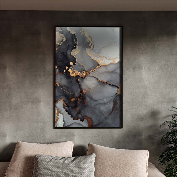 Quadro Decorativo Abstrato Gray Smoke Com Moldura Preto - 120