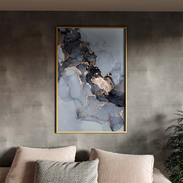 Quadro Decorativo Abstrato Gray Smoke Seg Com Moldura Dourada