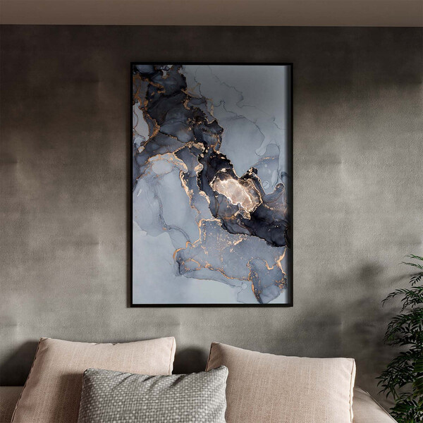Quadro Decorativo Abstrato Gray Smoke Seg Com Moldura Preto -