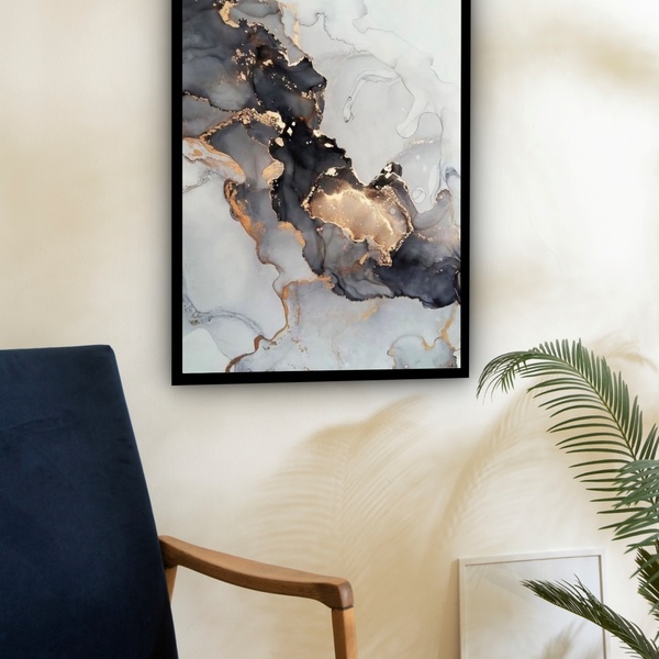 Quadro Decorativo Abstrato Mármore  - 70x50cm Moldura Preta