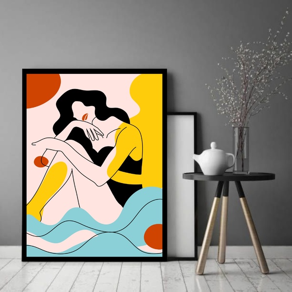 Quadro Decorativo Abstrato Mulher Mar Sol  - 70x50cm Moldura