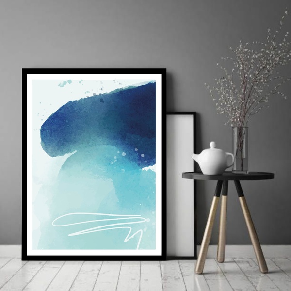 Quadro Decorativo Abstrato Tons Azuis  - 70x50cm Moldura Preta