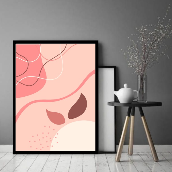 Quadro Decorativo Abstrato Tons Rosê Folhas  - 70x50cm Moldur