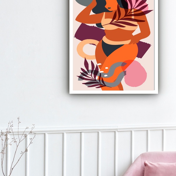 Quadro Decorativo Abstrato Tropical Mulher  - 70x50cm Moldura