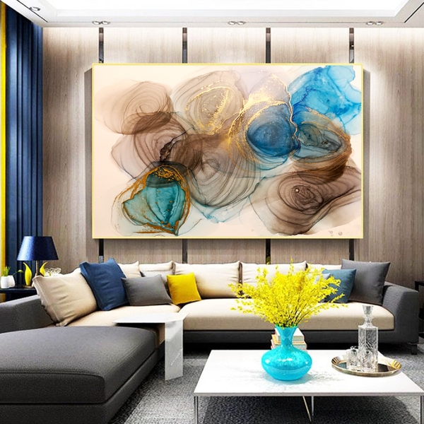 Quadro Decorativo Abstrato Turbilhões Com Moldura Dourada 180