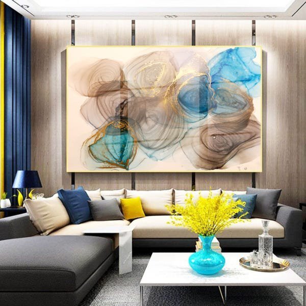 Quadro Decorativo Abstrato Turbilhões Com Moldura Dourada E V