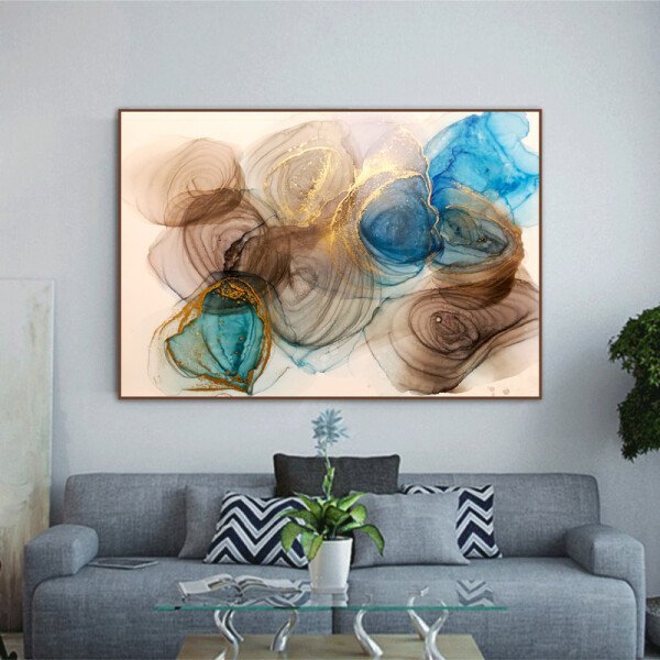 Quadro Decorativo Abstrato Turbilhões Com Moldura Marrom 150x