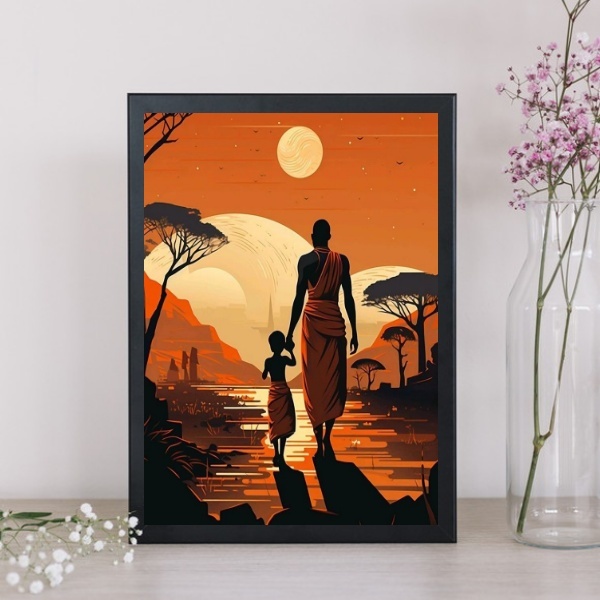 Quadro Decorativo Africano Por Do Sol 45x34cm - Com Vidro Mol