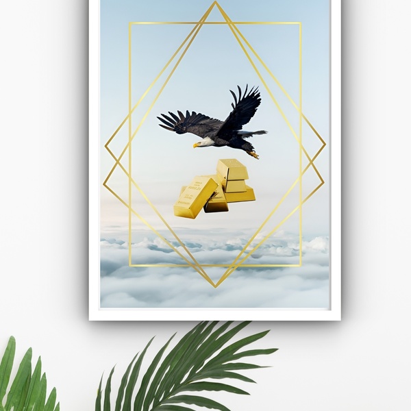 Quadro Decorativo Águia Barras Ouro Financeiro  - 70x50cm Mol
