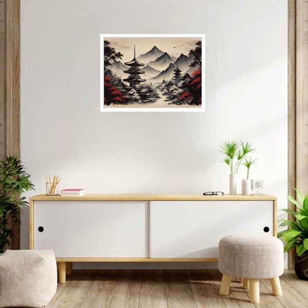 Quadro Decorativo Ambiente Japonês  - 50x70cm Moldura Preta