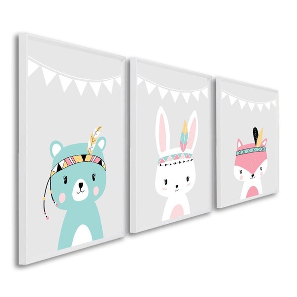 Quadro Decorativo Amigos Da Natureza Infantil Com 3 Telas 60x