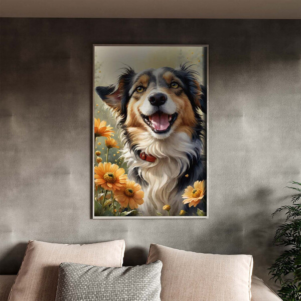 Quadro Decorativo Animais Cachorro Feliz Com Moldura Prata -