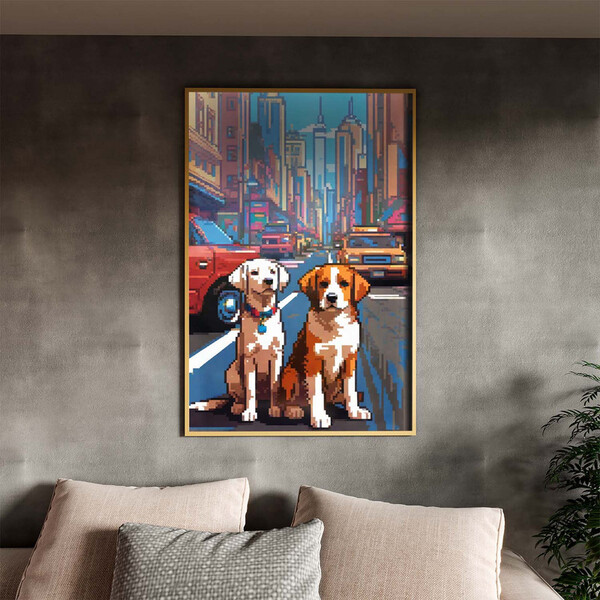 Quadro Decorativo Animais Cachorros Em Pixels 2 Com Moldura E
