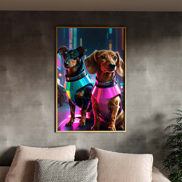 Quadro Decorativo Animais Cães Dachshund Futuristas Com Moldu
