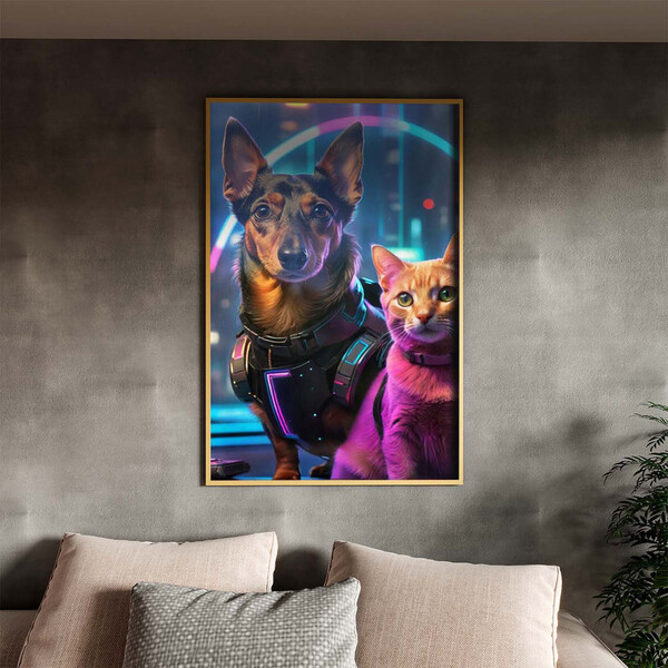 Quadro Decorativo Animais Cão E Gato Futurista Com Moldura E