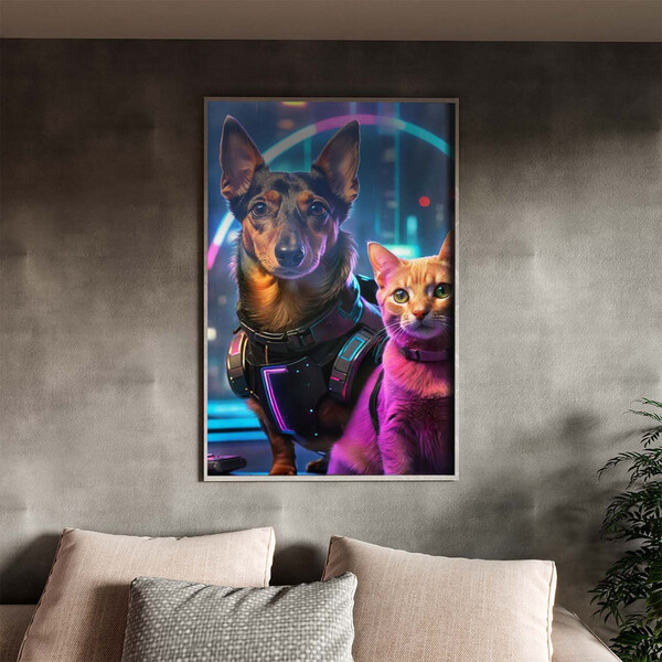 Quadro Decorativo Animais Cão E Gato Futurista Com Moldura E
