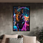 Quadro Decorativo Animais Cão E Gato Futurista Com Moldura Pr