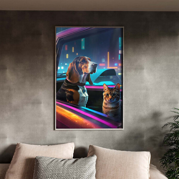 Quadro Decorativo Animais Cão E Gato Olhando Pela Janela Com