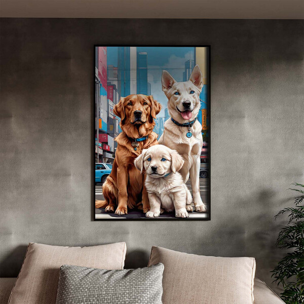Quadro Decorativo Animais Casal De Cachorros E Um Filhote Com