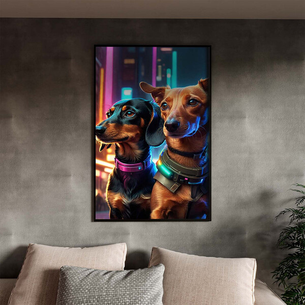 Quadro Decorativo Animais Cyber Future Dachshund Com Moldura