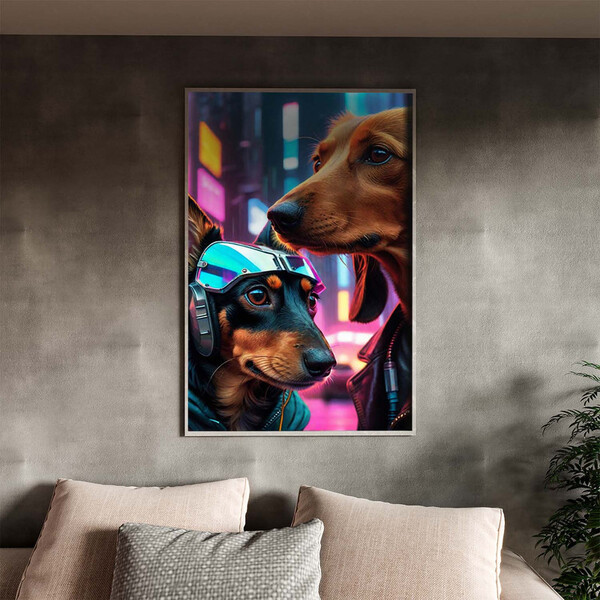 Quadro Decorativo Animais Dois Dachshund Cyberpunk Com Moldur