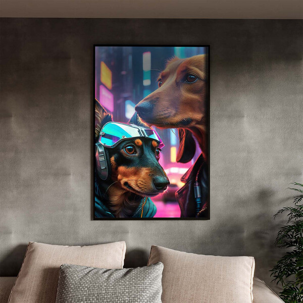 Quadro Decorativo Animais Dois Dachshund Cyberpunk Com Moldur