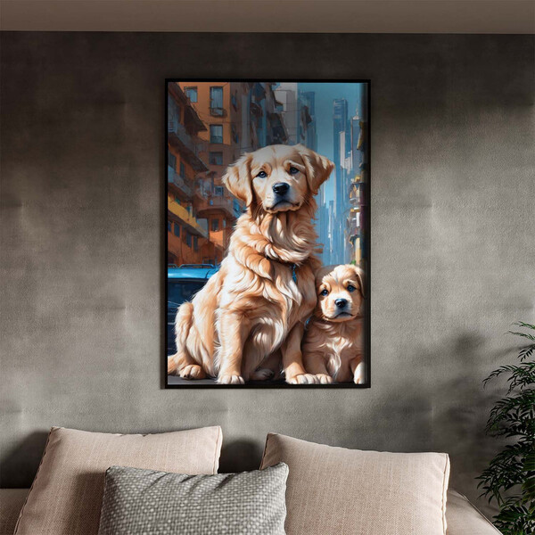 Quadro Decorativo Animais Dois Golden Retriever Com Moldura P