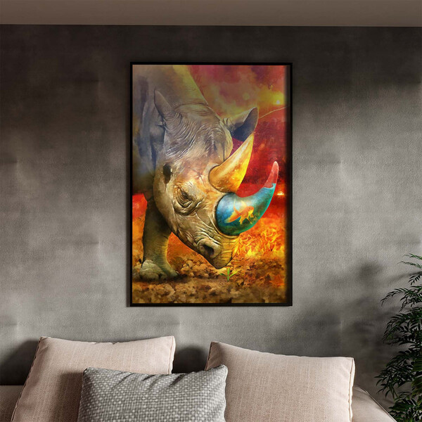 Quadro Decorativo Animais Elemental Rhino Com Moldura E Vidro