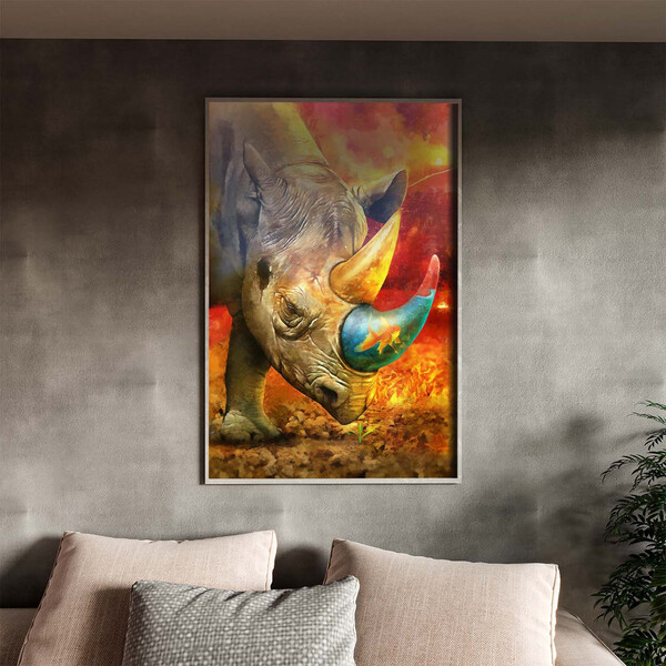 Quadro Decorativo Animais Elemental Rhino Com Moldura E Vidro